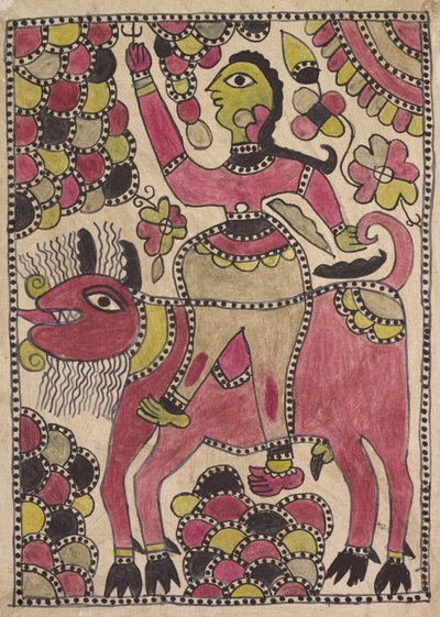 Rytter og firbeint storfe i lilla, chartreuse og svart palett av Unknown artist