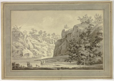 Elvelandskap med kyr og hund i forgrunnen av Unknown artist