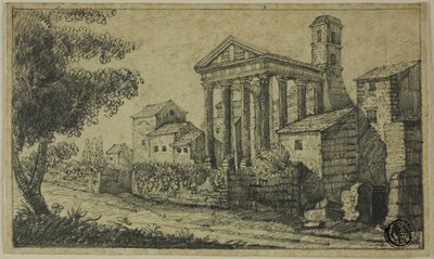 Elvelandskap med romersk tempel av Unknown artist