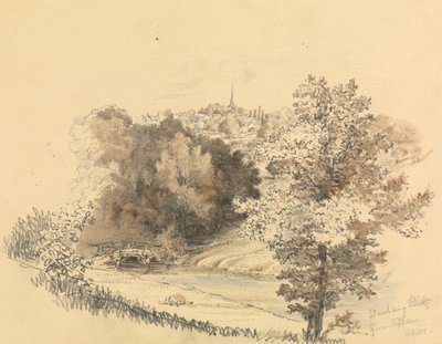 Elvelandskap med byen i det fjerne av Unknown artist