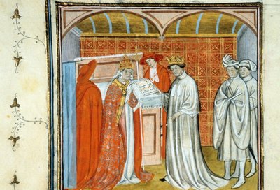 Robert II den fromme (ca. 972-1031) - Belysning av manuskript på velin fra middelalderen "" Grands Chronicles of Saint-Denis"" sent på 1300-tallet (ref. 512 av Unknown artist