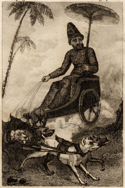 Robinson Crusoe på sin vogntog av seks doger, gravering satt inn i "Les aventures de Robinson Crusoe" av Daniel Defoe av Unknown artist
