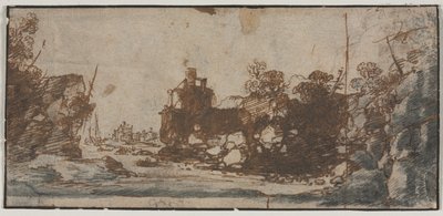 Rocky Inlet med båter og bygninger (recto) av Unknown artist