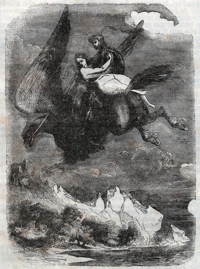 Roger (Ruggero, Ruggiero) og Angelique (Angelica) på flodhesten - gravering fra 1851 fra "" Roland furieux"" (1500-tallet) av Ludovico Ariosto, kjent som Ariosto - Utgave oversatt fra italiensk av greven av Tressan og publiserer av Unknown artist