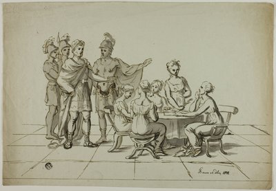 Romersk keiser nærmer seg gruppe kvinner som sitter ved bordet av Unknown artist