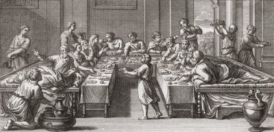 Romersk triclinium, eller spisestue, med bord og sofaer av Unknown artist