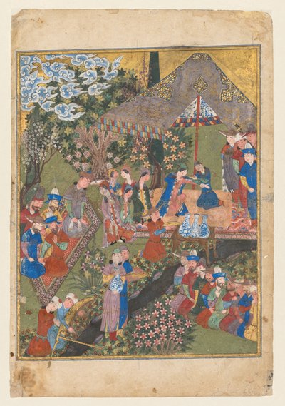 Kongelig mottakelse i et landskap, høyre folio fra den doble frontispicen til en Shahnama (Kongenes bok) av Firdausi (persisk, ca. 940–1019 eller 1025) (verso) av Unknown artist