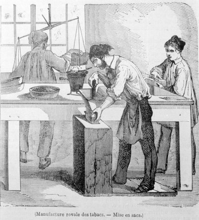 Royal Tobacco Manufacture: posen med tobakk. 1800-talls gravering. av Unknown artist