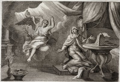Royaumont Bibelen, Det nye testamente: Jomfruens kunngjøring. Erkeengelen Gabriel har kommet for å levere et budskap til Maria. Illustrasjon fra 1811. av Unknown artist