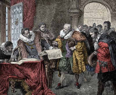 Rudolf II gir majestetsbrevet - Keiser Rodolf II av Østerrike (1552-1612) gir majestetsbrevet i 1609 (religionsfrihet til kongeriket Boheme) av Unknown artist