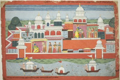 Rukmini søker Krishnas tillatelse til å besøke broren Rukma, side fra et spredt Bhagavata Purana-manuskript av Unknown artist