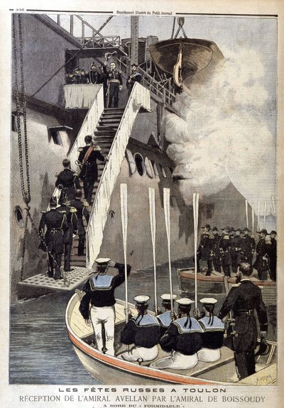 Russiske festligheter i Toulon: Admiral Avellans mottakelse av admiral de Boissoudy ombord på Formidable, i «The Petity Journal» 21. oktober av Unknown artist