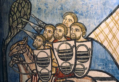 SPANIA. CASTILLA OG LEÓN. Valladolid. San Bernardo de Valbuena-klosteret. Gruppe kristne soldater som rir på hester. Kastiljansk skole. 1300-tallet. Freskemaleri av «La Reconquista». Gotisk kunst av Unknown artist