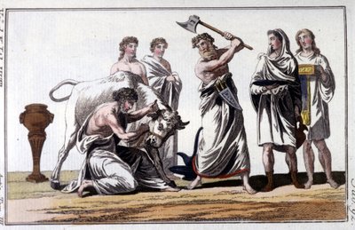 Ofring av en okse blant kelterne. 1800-talls gravering. av Unknown artist