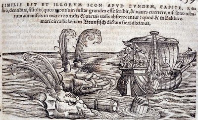 Sjømenn kaster tønner i havet for å distrahere monstre i jakten. Gravering i «Historia Animalium» av Conrad Gesner (1516-1565), Tiguri av Unknown artist