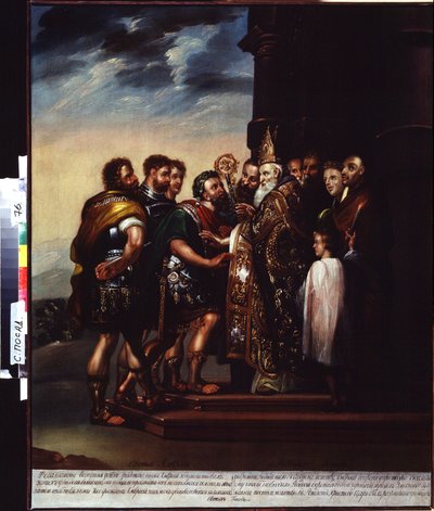 Den hellige Ambrosius og keiseren Theodosius I (Saint Ambrosius og keiseren Theodosius). Ekskommunikasjon av Theodosius I (Flavius ​​​​Theodosius eller Theodosius den store (347-395), romersk keiser fra 379 til 395) av Ambrosius av Milano (Aurelius Ambrosi av Unknown artist