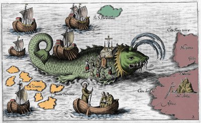 Saint Brendan (Brandan), helter og irsk helgen fra 600-tallet, representerer feiringen av messe på ryggen til Giant Whale Jasconius. Legenden sier at båten hans ble båret på ryggen til en hval. Fargerik gravering fra 1600-tallet av Unknown artist