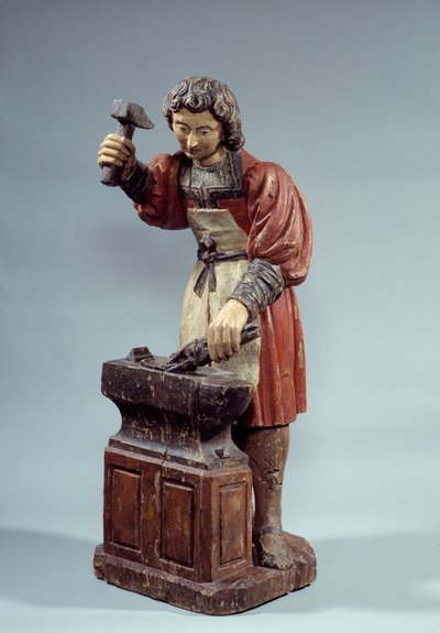 Saint Crepin skytshelgen for skomakere. Anonym skulptur polykrom tre av Unknown artist