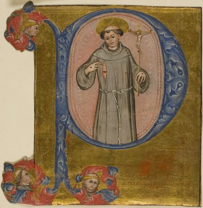 Sankt Frans i en historisert initial quot;Pquot; av Unknown artist