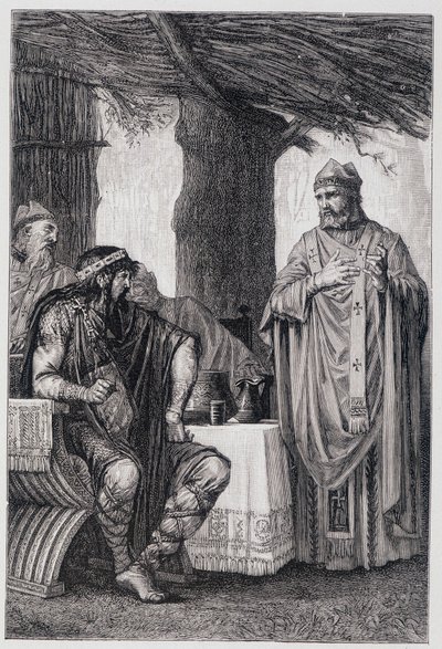Saint Gregoire of Tours (538-594) mot Chilperic I (539-584) kongen av Neustria. av Unknown artist
