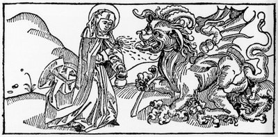 Saint Martha and the Tarasque - Gravering fra "Leben der Heiligen - sommerteil" (Helgenens bok) av Jacobus (James) fra Voragine (1228-1298). Lübeck 1488. av Unknown artist