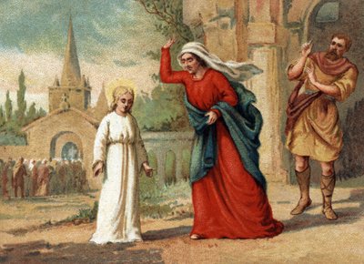 Sainte Genevieve (422-502), patron saint of Paris abused by her mother. Chromolithography around 1890. av Unknown artist