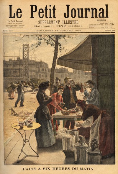 Selger av suppe og melkekaffe, holdt under cocheres-dørene kl. 06.00 for friluftsfrokosten til parisiske arbeidere. Gravering i "" Le petit journal"" 14.07.1895. Selvas samling. av Unknown artist