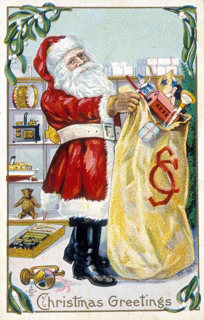 Julenissen forbereder gaver - julekort. Amerikansk gratulasjonskort sd. slutten av 1800-tallet. av Unknown artist