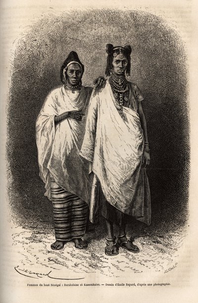Sarakolese og Kassonkese kvinner, befolkninger i Øvre Senegal, i tradisjonelle klær. Gravering for å illustrere et cruise på kysten av Afrika, av viseadmiral Fleuriot de Langle, i 1868, publisert i "" Le tour du monde""" 1872, redigert av Edouard Charton av Unknown artist