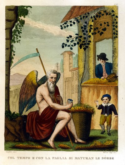 Ordtak: "" Med tid og strå kanter nefler og eikenøtter"" (tiden gjør alt grumsete), Illustrasjon fra en samling ordspråk. 1800-tallet av Unknown artist