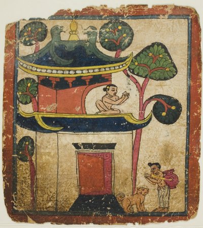 Scene fra historien om Buddha Ushnisha, fra et sett med innvielseskort (Tsakali) av Unknown artist