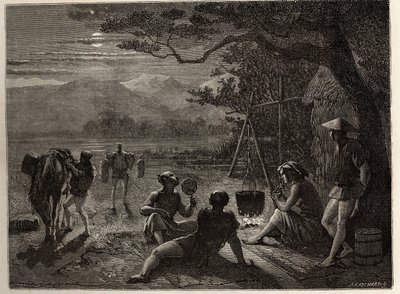 Scene for resten av landet, i måneskinn, er matter reist på bakken etter arbeidsdagen. Gravering for å illustrere reisen til Japan i 1863-1864, av Aime Humbert, minister for det sveitsiske konføderasjonen, i «Le tour du monde, nouveau journal des av Unknown artist