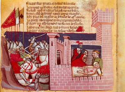 Scene fra slaget ved Roncesvaux i 778. Kamp mellom Charlemagnes hær og saracenerne hvor ridderen Roland ble drept. Han er en representant på høyresiden. Miniatyr fra kodeksen «The Entrée d