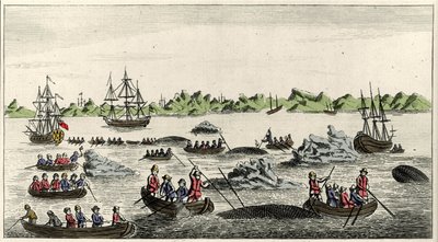 Scene for hvalfiske på Grønland på 1700-tallet, anonymt populærtrykk fra perioden av Unknown artist