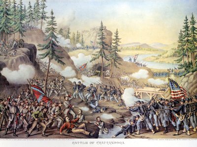 Sesession War (1861 - 1865) eller American Civil Giuerre: 24-25/11/1863: etter to dager med kamp ved Chattanooga, Tennessee, seier til den nordlige hæren kommandert av general Rosecrans. Gravering. av Unknown artist