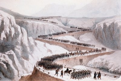 Andre italienske uavhengighetskrig: passeringen av Moncenisio av den franske hæren 29. april 1859 (Trykk) av Unknown artist