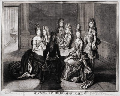 Andre rom i leilighetene (Versailles): 1. Monsignor, 2. Madame Princess of Conty Dowager, 3. Monsieur le Duke de Bourbon, 4. Madame hertuginnen av Bourbon, 5. Monsieur de Vandôme, Frankrikes storprior. Gravering av Trouvain, tidlig på 1700-tallet av Unknown artist