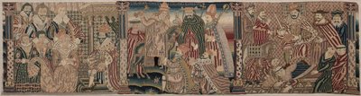 Del av en brodert frise: Ahasverus og Esther, Paven Chiding the Emperor, Henry VIII tråkker på pavens nakke av Unknown artist