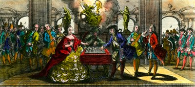 Syvårskrig: allegori som representerer Marie Therese fra Østerrike (1717-1780) og Frederic av Preussen (1712-1786) som spiller sjakk. Gravering av privatsamlingen fra 1700-tallet av Unknown artist