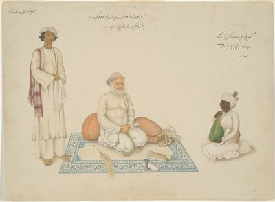 Shah Inayat Allah av Sind med musikeren Makkhu og medhjelperen Shaykh Qiyam al-Din, side fra Fraser-albumet av Unknown artist