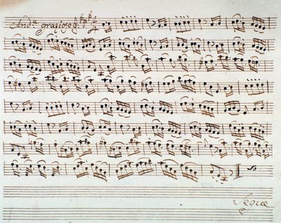 Noterside for den første fiolinen i åpningen av Mithridate, King of the Pont, opera av Mozart (1770) av Unknown artist