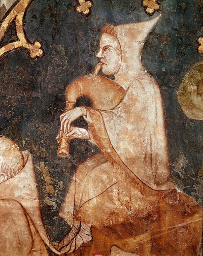 Shepherd blåser i en sekkepipe Detalj. freskomaleri fra 1300-tallet. Fra Olite (Navarre) Museum of Navarre, Pamplona av Unknown artist