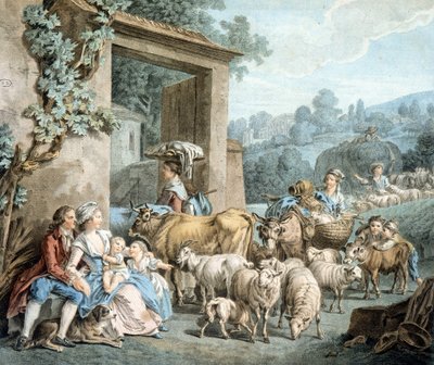 Gjetere og sauer flokker seg foran en gård. av Unknown artist