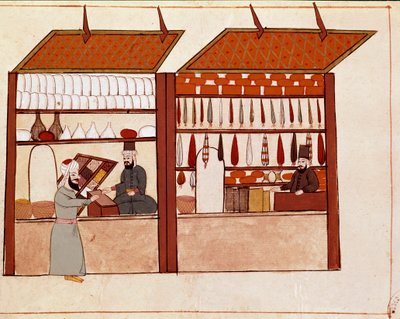 Butikker i gatene i Konstantinopel. Miniatyr hentet fra et Cicogna-manuskript fra 1800-tallet (1828) etter en original fra 1600-tallet (1671). Venezia, Biblioteca Marciana av Unknown artist
