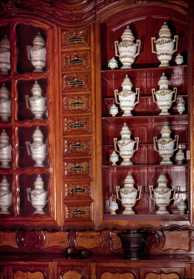 Vitrine og gryter med apotek i fajanse. Macon fra 1600-tallet, Hotel Dieu av Unknown artist