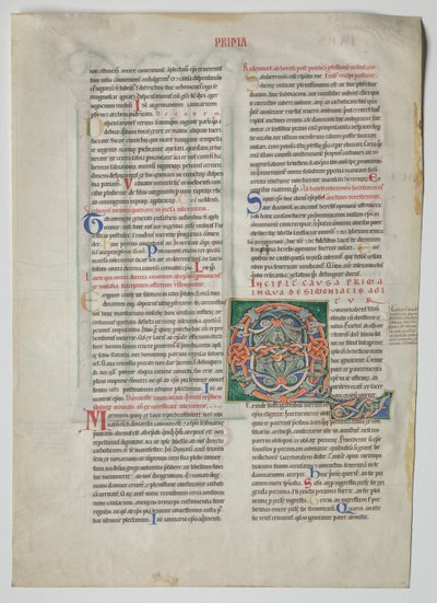 Single Leaf from a Decretum av Gratian: Dekorert initial Q[uidam Habens Filium Obtulit] og firedobbel arkade med konkordans av greske og latinske alfabeter av Unknown artist
