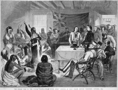 Sitting Bull and Buffalo Bill: Sitting Bull Council i Fort Walsh, British Territory, under krigen med indianerne, oktober 1877 av Unknown artist