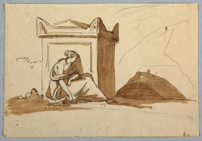 Skisse: En kvinne som sitter foran en antikk sarkofag av Unknown artist