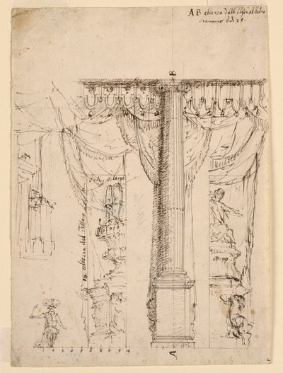 Skisse for tre sidevinger med del av Proscenium-ramme av Unknown artist