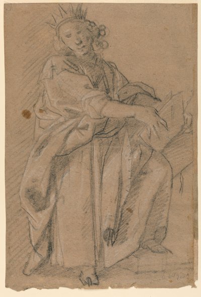 Skisse av en stående kronet figur med en bok av Unknown artist